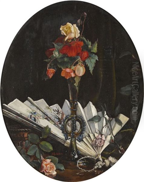 Stillleben Mit Rosen Und Facher Oil Painting by Alfred Weber