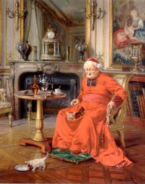 Cardinal, Cafe Et Chaton Oil Painting by Alfred Weber