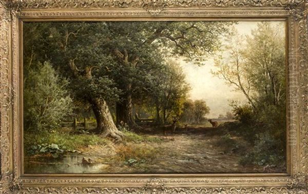 Grose Waldlandschaft Mit Drei Hirschen Auf Der Lichtung Oil Painting by Carl Weber