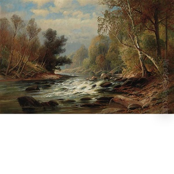 Forest Landscape With Rapids Oil Painting by Carl Philipp Weber