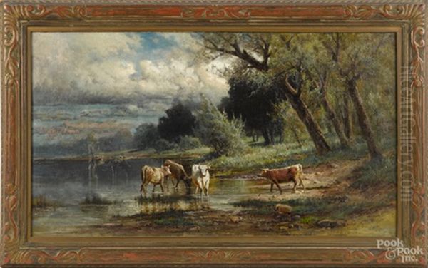 Landscape With A River And Cows Oil Painting by Carl Philipp Weber