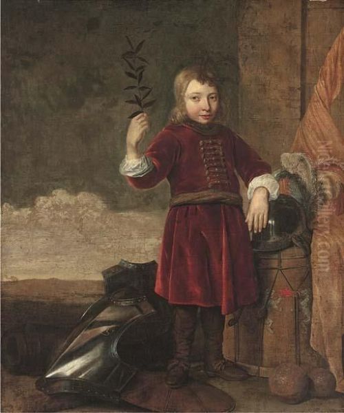 An Allegory Of Peace Overcoming War: Portrait Of A Boy,full-length, Holding An Olive Branch, With Armour, A Cannon, A Drumand The Flag Of The House Of Orange Oil Painting by Cornelis Brize