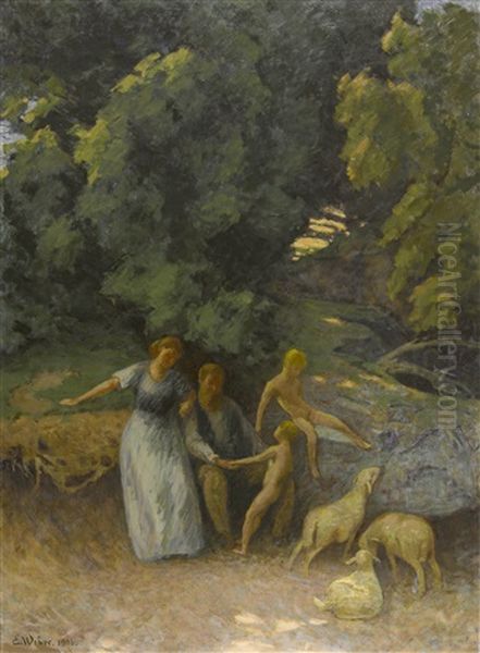 Waldlandschaft Mit Familie Und Schafen Oil Painting by Emil Weber