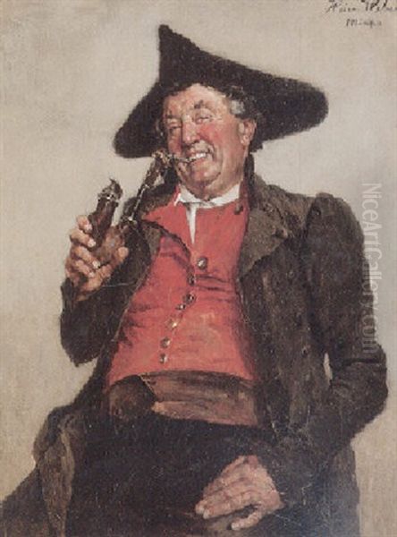 Lachender Mann In Tracht Mit Dreispitz Und Ulmer Kloben Oil Painting by Heinrich A. Weber