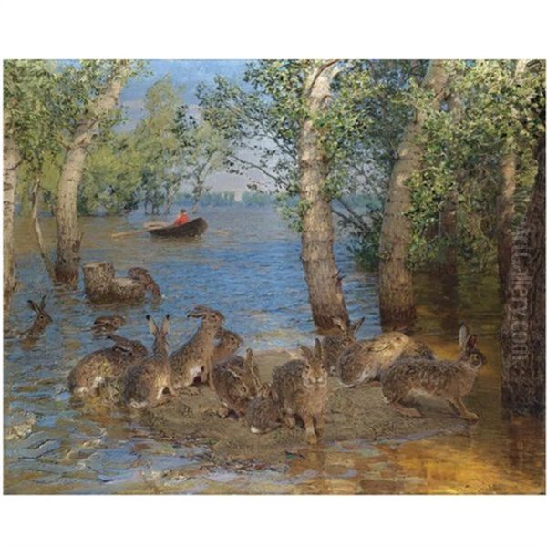 Hares In A Flood Oil Painting by Jakob Weber