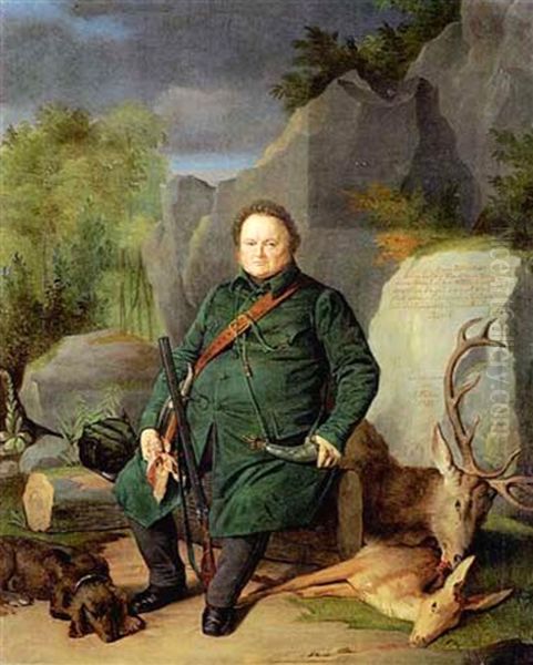 Poirtrat Des Ludwig Gloeckler Mit Zwillingsflinte Und Erlegtem Rotwild Oil Painting by Joseph Weber