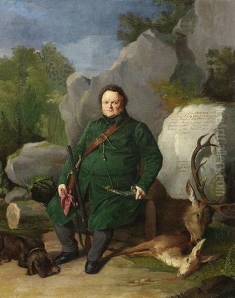 Der Jager Ludwig Glockler Mit Zwei Gleichzeitig Erlegten Hirschen Im Forst Oil Painting by Joseph Weber