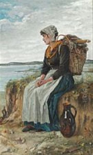 A Fisherman's Daughter Resting Near The Sea With A Heavy Basket On Her Back Oil Painting by Maria (Philips-Weber) Weber