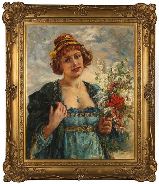 Portrait Of A Woman Holding Flowers Oil Painting by Maria (Philips-Weber) Weber