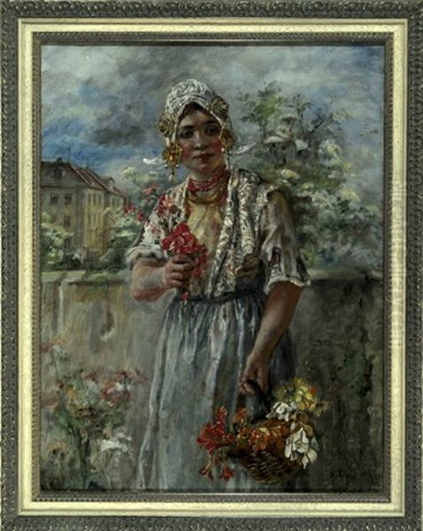 Junges Madchen In Tracht Mit Blumenkorb Oil Painting by Maria (Philips-Weber) Weber