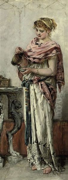 A Maiden Pouring Wine Oil Painting by Maria (Philips-Weber) Weber