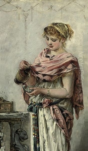 A Maiden Pouring Wine Oil Painting by Maria (Philips-Weber) Weber