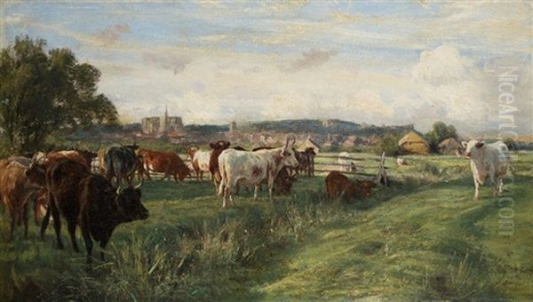 Herd Of Cattle Before The City Oil Painting by Otto Weber