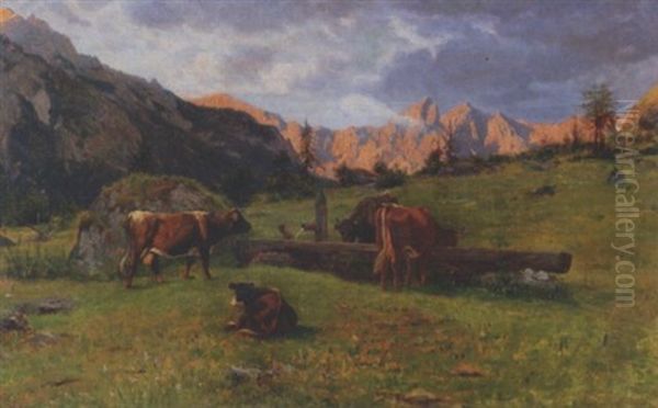 Kuhe Am Brunnentrog Auf Der Bergweide Oil Painting by Otto Weber