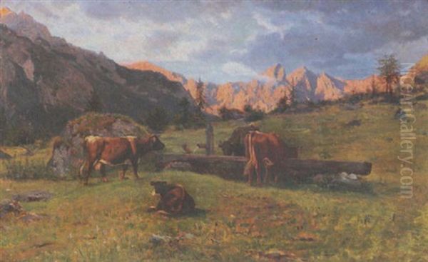 Kuhe Am Brunnentrog Auf Der Bergweide Oil Painting by Otto Weber