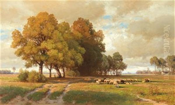 Landscape With Open Pastures And Approaching Storm Oil Painting by Paul Weber