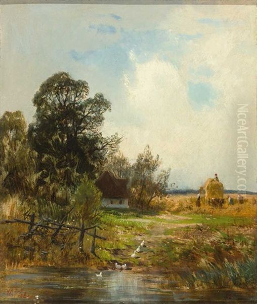 Erntelandschaft Mit Zweispannigem Wagen Und Ententeich - Kate Bei Sonnenuntergang Im Spatherbst Oil Painting by Paul Weber