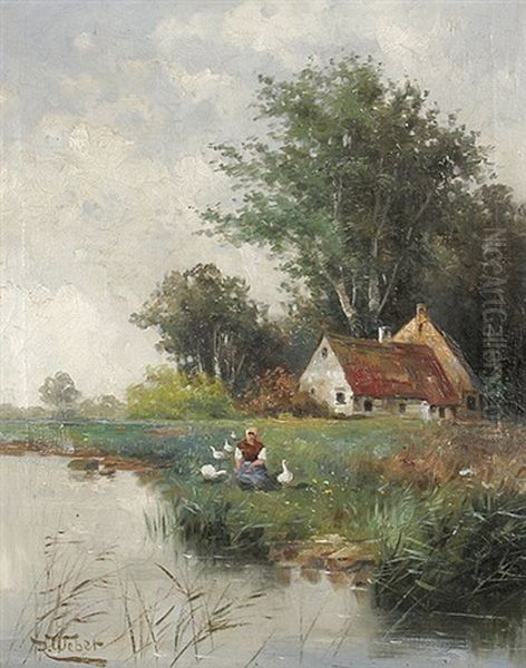 Gansemagd An Einem Teich Oil Painting by Robert Weber