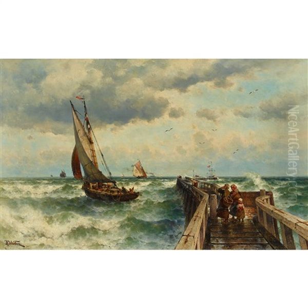 Sturmwetter An Der Mole Oil Painting by Theodor Alexander Weber