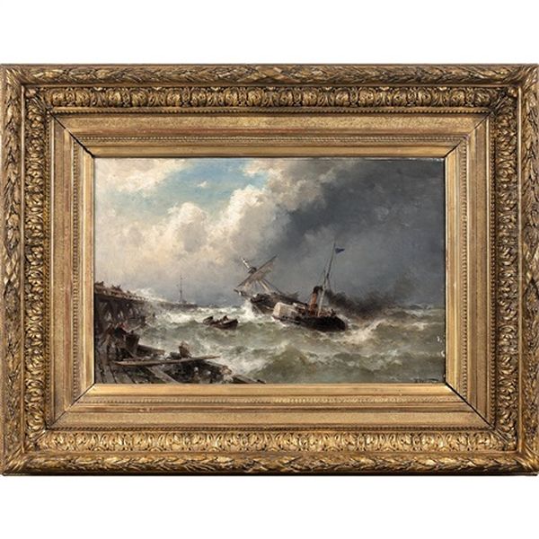 The Towing, Original Canvas Signed Lower Right: Th Weber Oil Painting by Theodor Alexander Weber