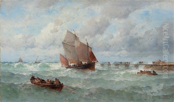 Ships On A Rough Sea Oil Painting by Theodor Alexander Weber