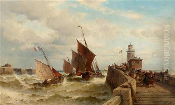 Storm In The Harbour Oil Painting by Theodor Alexander Weber