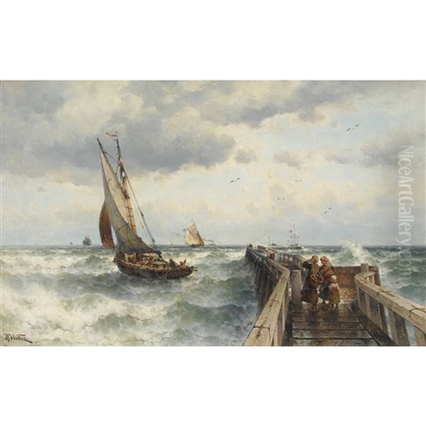 Sturmische See Mit Anlegesteg Und Segelschiffen Oil Painting by Theodor Alexander Weber