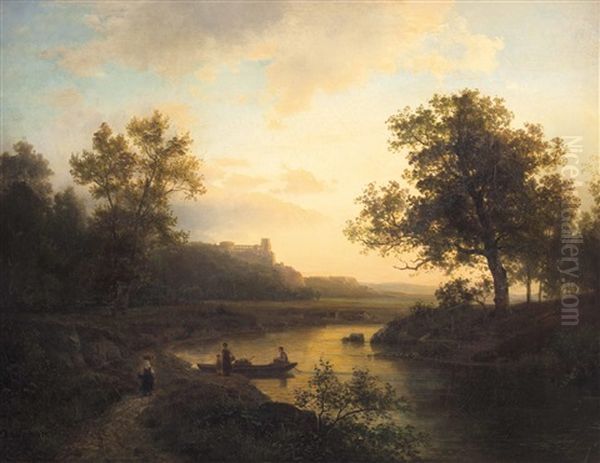 Das Heidelberger Schloss Am Neckar Mit Bootsfahrer Bei Abendstimmung Oil Painting by August Weber