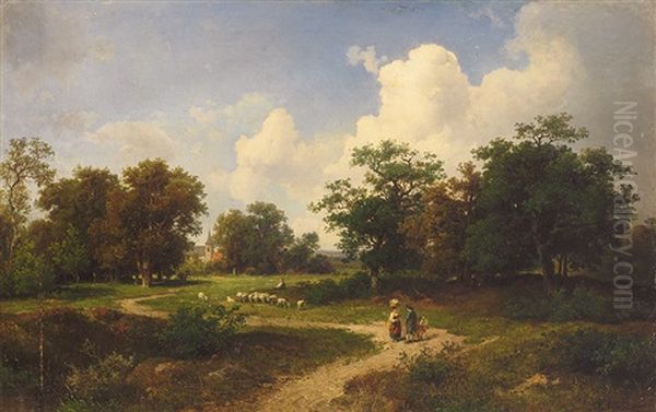 Sommerliche Weidelandschaft Mit Schafen, Baumgruppen Und Verstecktem Kirchdorf; Figurenstaffage Auf Altem Weg Oil Painting by August Weber