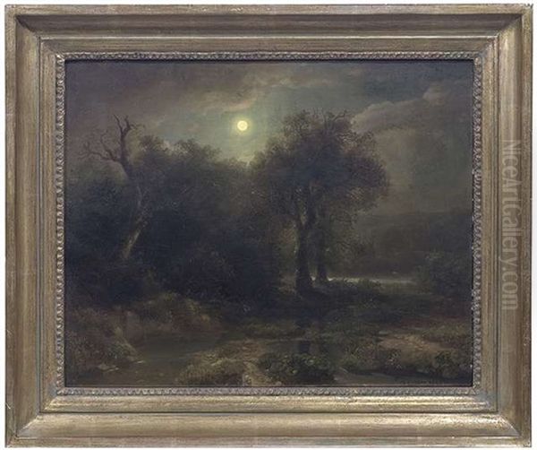 Nachtliche Landschaft Bei Mondschein Oil Painting by August Weber