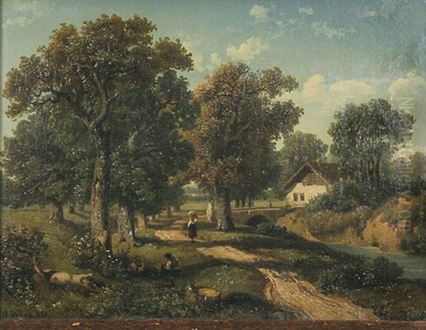 Taunuslandschaft Mit Rastenden Wanderern Und Bauerin Bei Einem Bach Oil Painting by August Weber