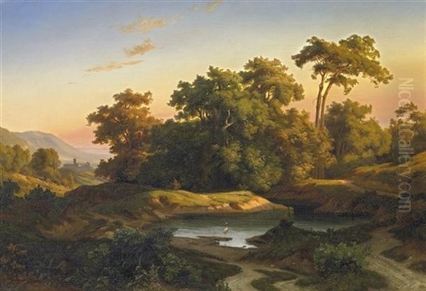 Abendfrieden. Blick In Romantische Hugellandschaft Bei Sonnenuntergang Oil Painting by August Weber