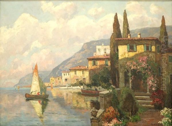 Sailboat On Lake Garda Oil Painting by Rudolf Weber