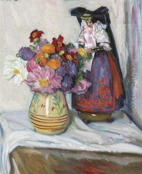 Stilleben Mit Blumen Und Puppe Oil Painting by Rudolf Weber