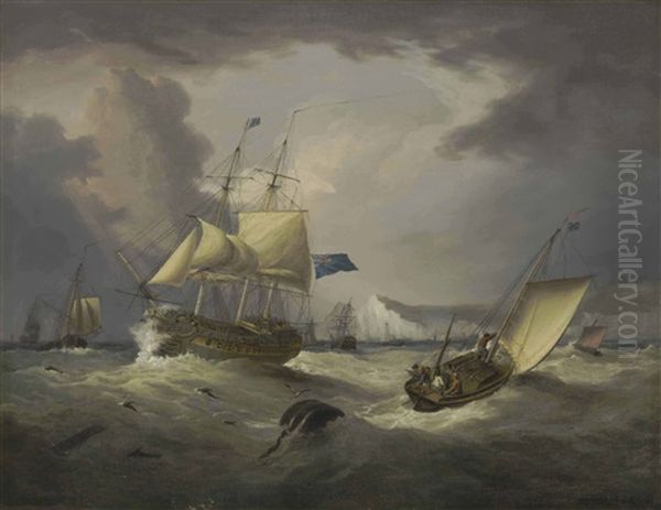 A Thirty-gun Frigate Of The Blue Squadron Off Dover Castle In Choppy Seas Oil Painting by George Webster