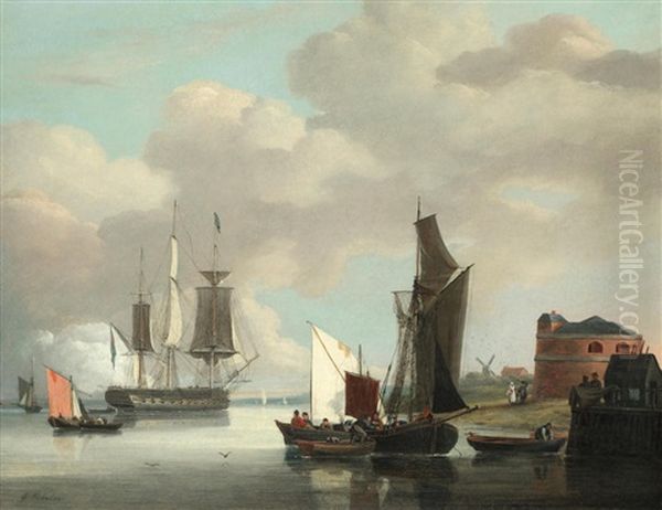 Dutch Fishing Boats And An English Man-o'-war In An Estuary Oil Painting by George Webster