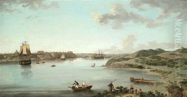 Port Mahon, Minorca, With Figures Fishing In The Foreground Oil Painting by George Webster