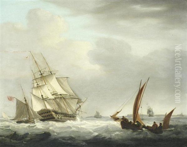 A Man O' War And Other Vessels In A Choppy Sea Oil Painting by George Webster