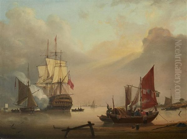 Morning Salute With Fishing Craft Departing Oil Painting by George Webster