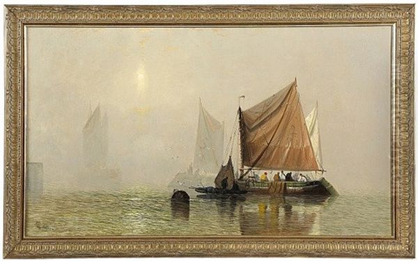 Morning Sun Breaking Through The Mist With Fishing Boats On The Thames Oil Painting by George Webster