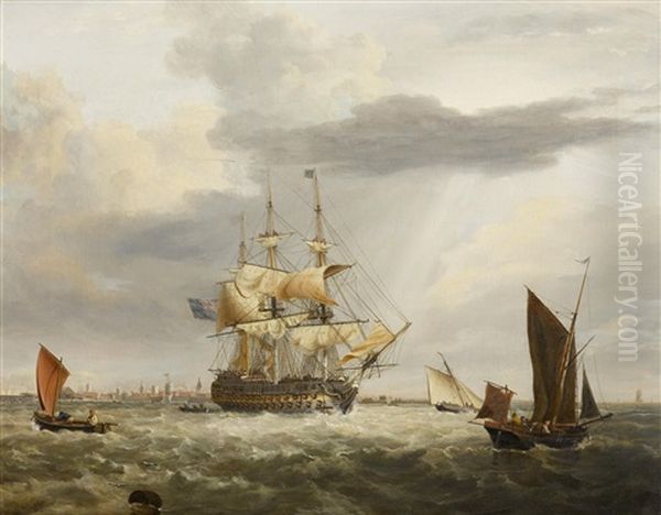 Ship Of The Line Off Portsmouth And A Ship Of The Line Off Whitby (pair) by George Webster