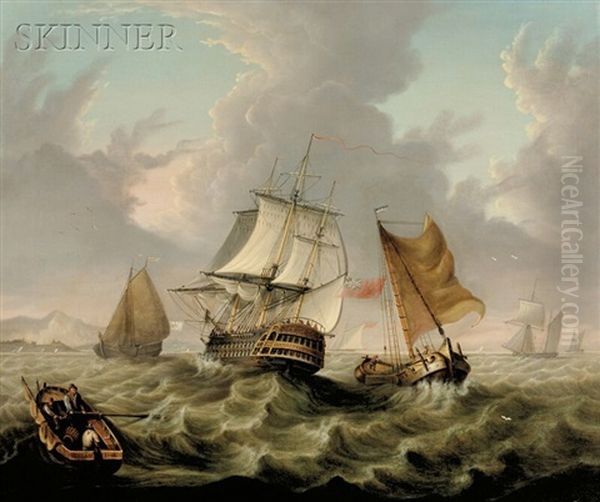 The Vessel Northampton And Small Sailing Craft Off The Coast Oil Painting by George Webster