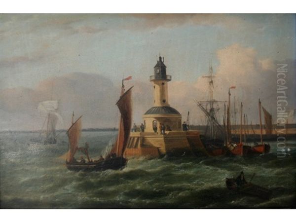 Ramsgate: Vessels Off The Lighthouse (+ Vessels In The Harbor; 2 Works) Oil Painting by George Webster