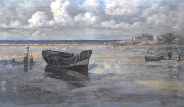 Extensive Coastal View With Beached Fishing Boat And Fishing Village Beyond Oil Painting by R. Wellesley Webster