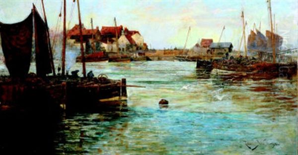 A Busy Fishing Port Oil Painting by R. Wellesley Webster