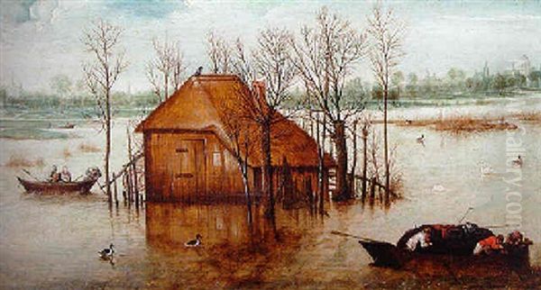 A Flooded Landscape With A Cottage, Rowboats, And A Village Beyond Oil Painting by Hans van Wechlen