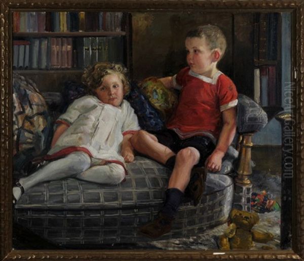 Zwei Kinder Sitzen Auf Der Couch Im Wohnzimmer, Neben Ihnen Ein Teddybar Und Eine Kasperlefigur Oil Painting by Max Wechsler