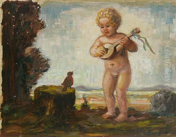 Duett: Knabe Mit Mandoline Und Vogel Oil Painting by Max Wechsler