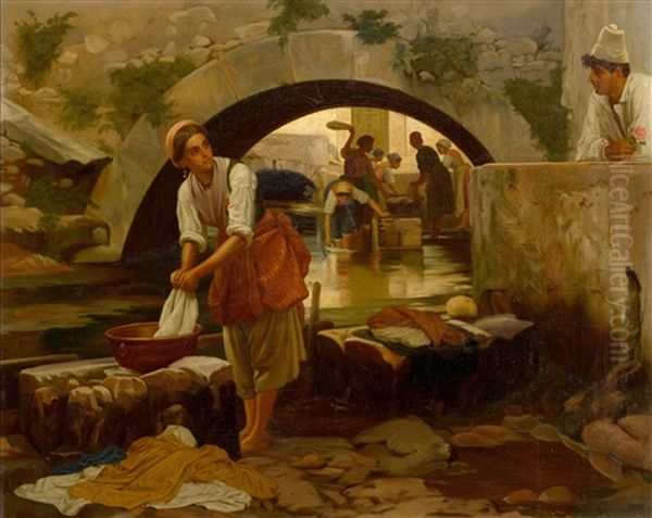 Washerwoman Oil Painting by August Weckesser