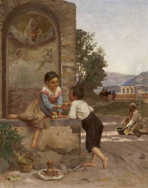 Madchen Und Junge Vor Italienischer Landschaft by August Weckesser